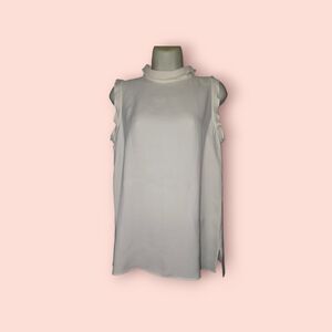 Lafayette 148 New York White Sleeveless Ruffle Mock Neck Top S Luxury Stylish